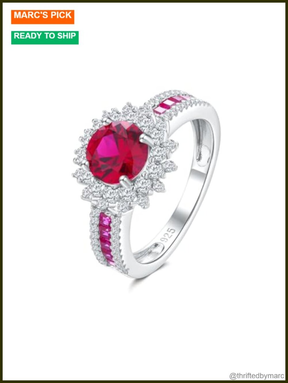 925 Sterling Silver White Gold Plated Halo Engagement Ring Round Created Ruby